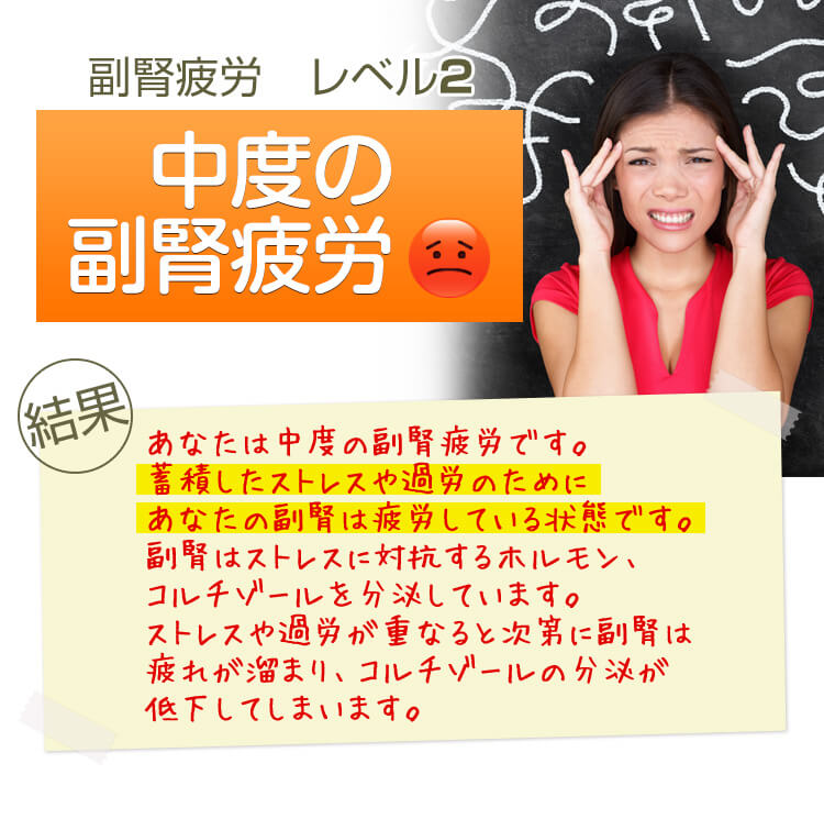 副腎疲労 レベル2 中度の副腎疲労 結果 あなたは中度の副腎疲労です。蓄積したストレスや過労のためにあなたの副腎は披露している状態です。副腎はストレスに対抗するホルモン、コルチゾールを分泌しています。ストレスや過労が重なると次第に副腎は疲れがたまり、コルチゾールの分泌が低下してしまいます。